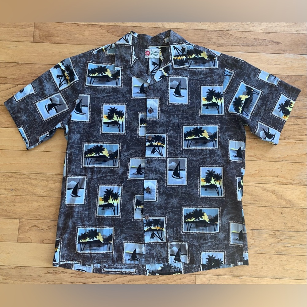 Hilo Hattie Black and Blue Scenic Men's Hawaiian Shirt